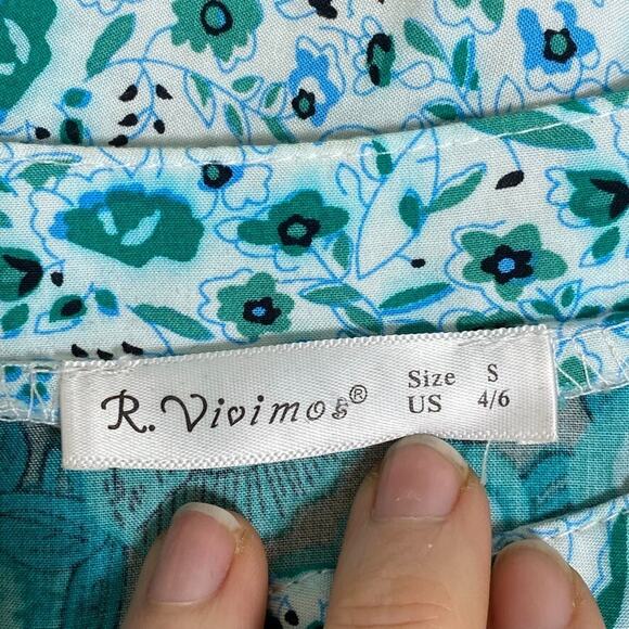 R Vivimos Womens Boho Peasant Maxi Dress Size S Side Slit Tiered Micro Floral - Picture 6 of 10